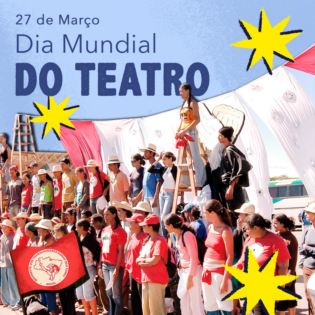 MST_Oficial's tweet photo. Neste 27 de março, celebramos o Dia Mundial do Teatro. Uma data que marca o momento da celebração artística, pedagógica e popular, que atravessa as diversas experiências teatrais desenvolvidas e vivenciadas pelo Movimento ao longo de 40 anos.
#CulturaSemTerra #Teatro #DiaDoTeatro https://t.co/CIkQRR394U