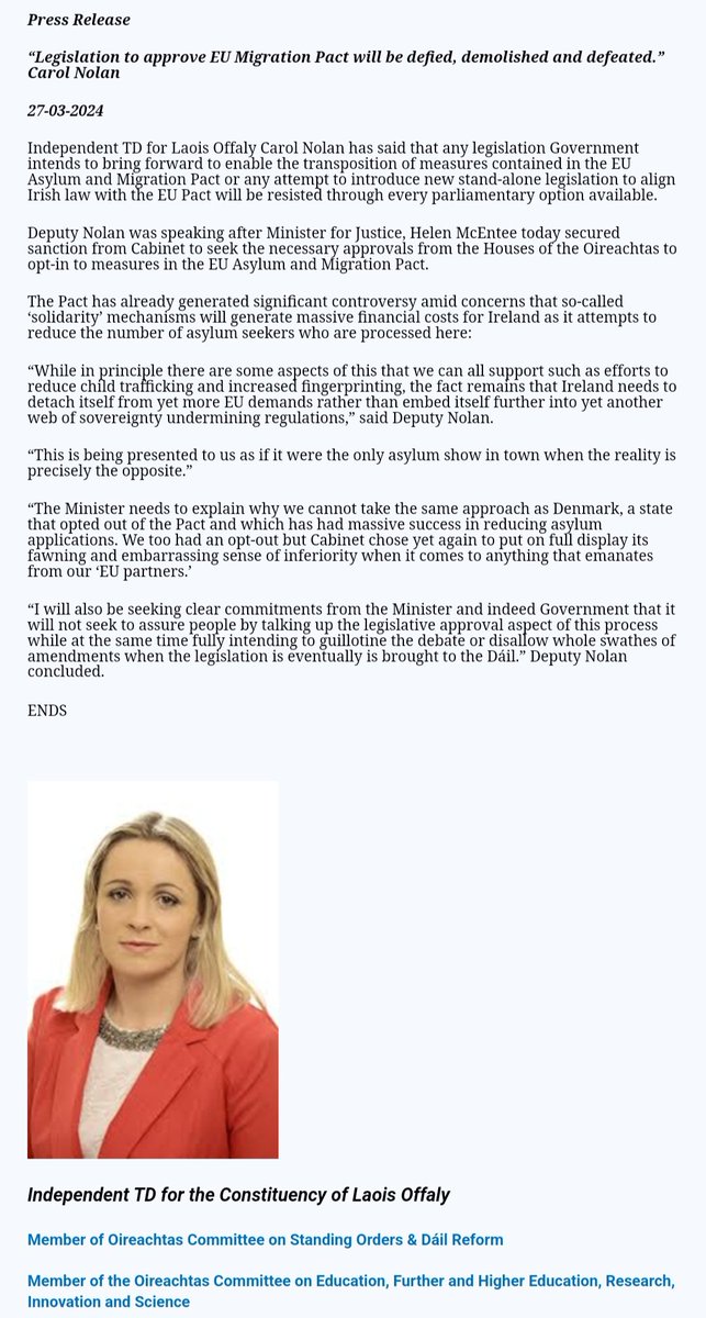 Independent TD Carol Nolan has released a statement on the EU Migration Pact. 

'Legislation to approve EU migration pact will be defied, demolished and defeated.'

👏👏👏