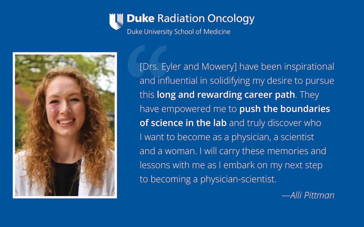 Congrats to Eyler Lab tech Alli Pittman, who was recently accepted into the Medical Scientist Training Program at the <a href="/VCU/">VCU</a> SOM! Alli plans for a MD/PhD in molecular/cancer biology and credits Drs. <a href="/YvonneMowery/">Yvonne Mowery</a> and Eyler as influential in her decision 🔗 radonc.duke.edu/news/spotlight…