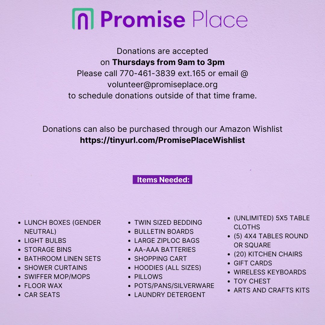 ThePromisePlace's tweet photo. Donate Thursdays by appointment at 350 N Jeff Davis, Fayetteville, GA 30214. Call 770-461-3839x165 or email volunteer@promiseplace.org to schedule. Items also on Amazon Wishlist. 💙 #PromisePlace #Donation https://t.co/2voYoTtSt7