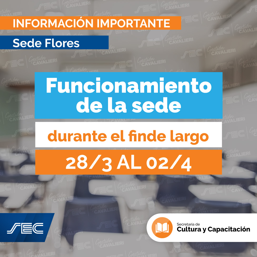 UNCIONAMIENTO DE LA SEDE DURANTE EL FINDE LARGO
Con motivo del fin de semana largo de semana santa y por el Día del Veterano y de los Caídos en la guerra de Malvinas, la sede permanecerá cerrada los días 📅 jueves 28/3, viernes 29/3, lunes 1/4 y martes 2/4.

#SoyComercio #SoySEC