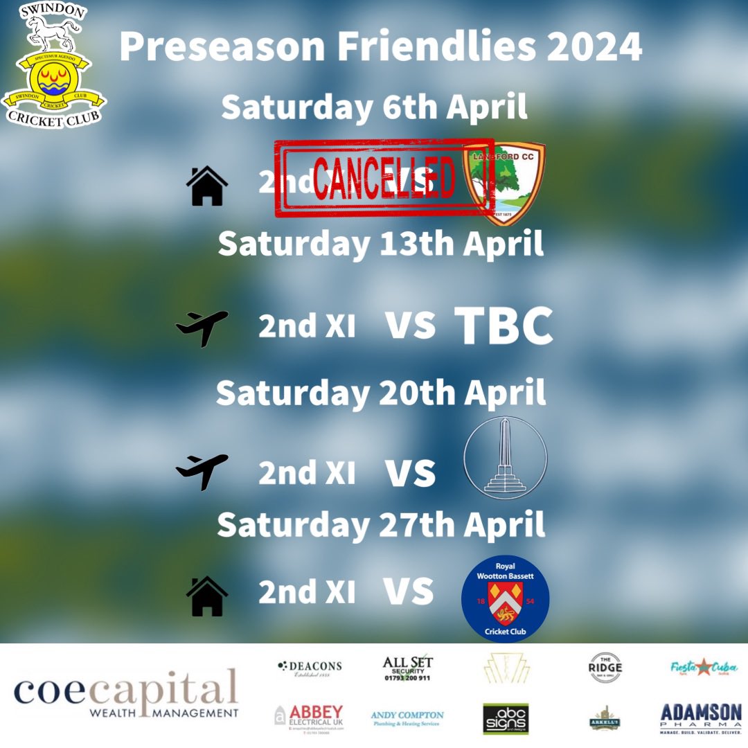 🔵 Our 2024 Pre-Season fixtures 🔵 Unfortunately, the first round of pre-season games have already been canceled due to the weather. Here is the list of the remaining fixtures, we can only hope we can play some cricket in April.