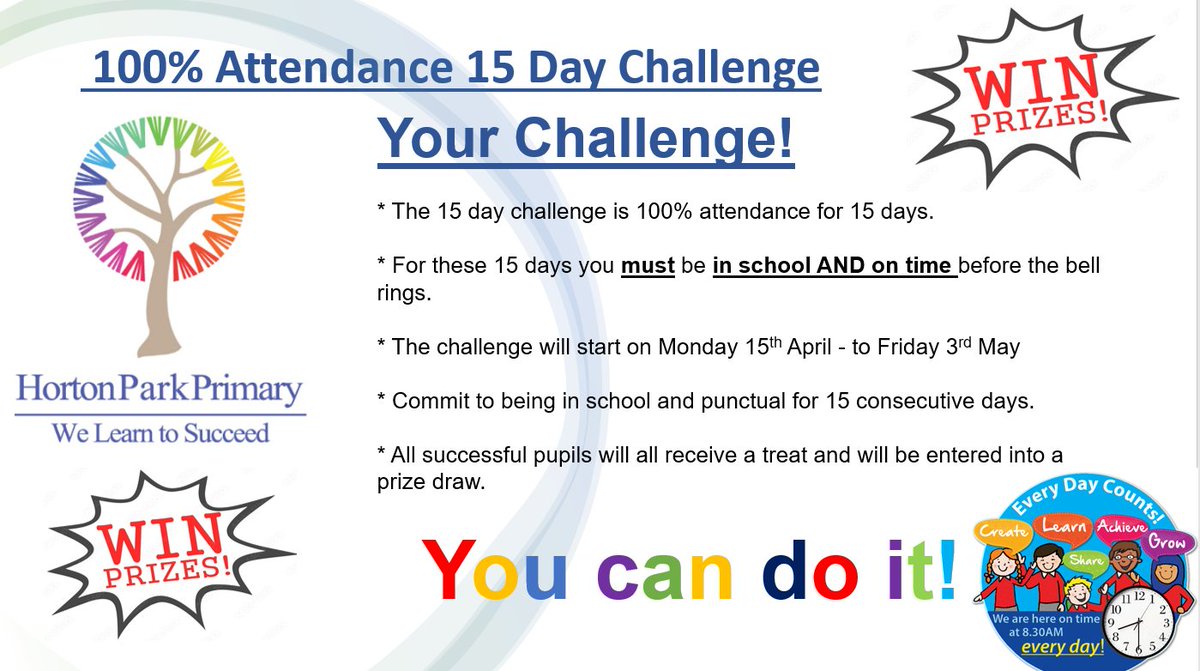 Our new Attendance Challenge will begin on the first day back after the holidays! See the poster for details. #WeExceed #100percentattendance #Youcandoit