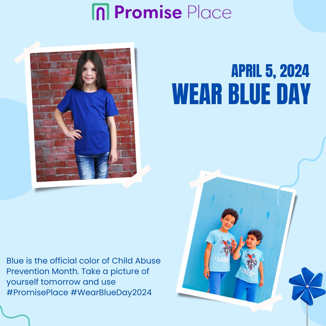 ThePromisePlace's tweet photo. Get ready! Wear Blue Day is TOMORROW! Show your support for Child Abuse Prevention by wearing blue on Friday, April 5th, 2024. Let's raise awareness together! 💙 #WearBlueDay24 #ChildAbusePrevention #EndDomesticViolenceNow https://t.co/0AXDOnVDhX