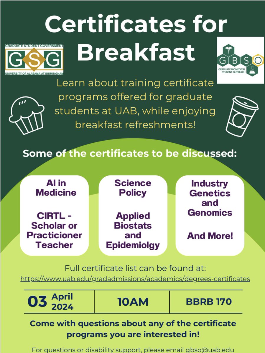 UAB_GBSO's tweet photo. Join us April 3 at 10 am to learn about certificate programs at UAB! Free breakfast provided ☕️🤓 https://t.co/rjSABhaTMo