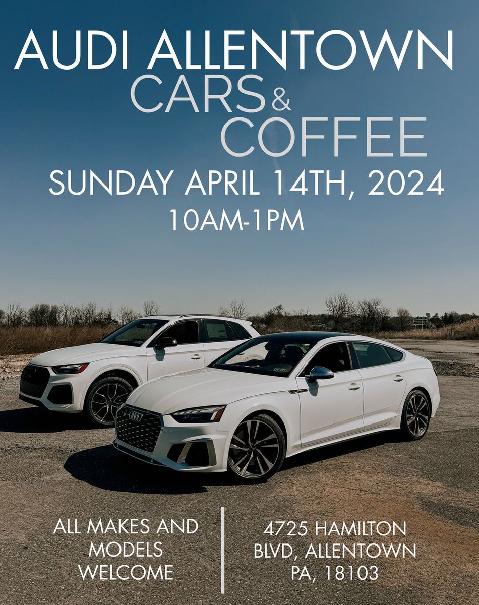 Join join us for an unforgettable morning at Audi #Allentown's first Cars and Coffee event! ☕🚗 

Join us Sunday, April 14th and get ready to sip, socialize, and showcase your ride amidst the backdrop of sleek Audis and fellow enthusiasts!

#cioccaonsocial #cars #CarsAndCoffee