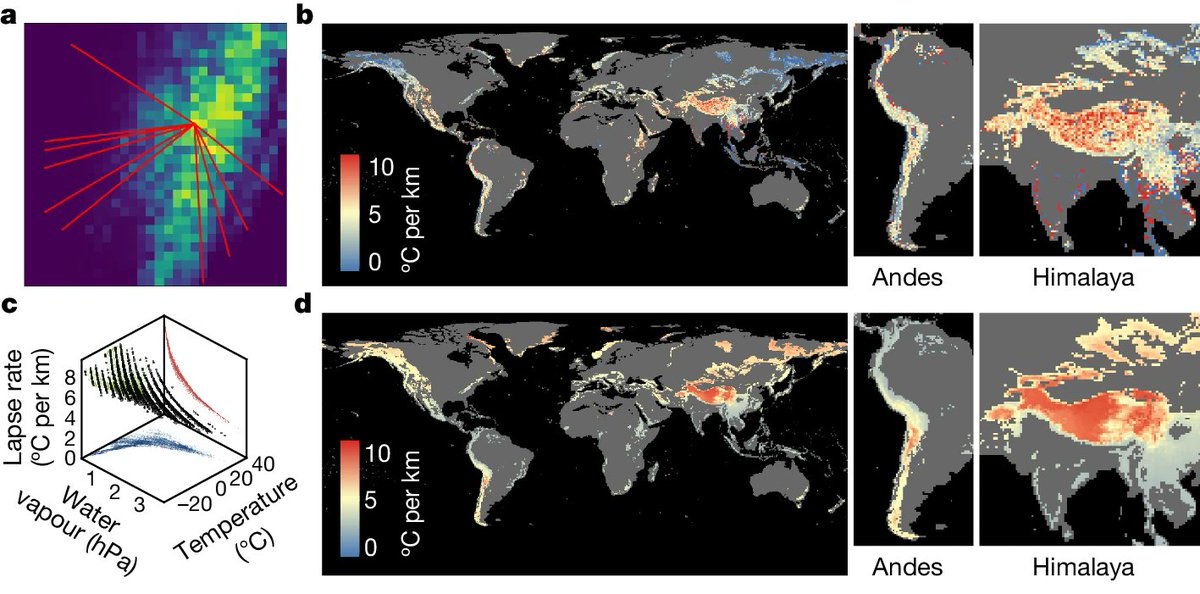 EkoLogIt's tweet photo. We used two approaches to compute the #LRT and map it at 50-km resolution across 🏔 globally ⬇️ We relied on both satellite data, the #SLRT (b), but also on a thermodynamic formula to compute the moist adiabatic lapse rate in T°C, the #MLRT (d) ⬇️ https://t.co/jWVH5bm3CB