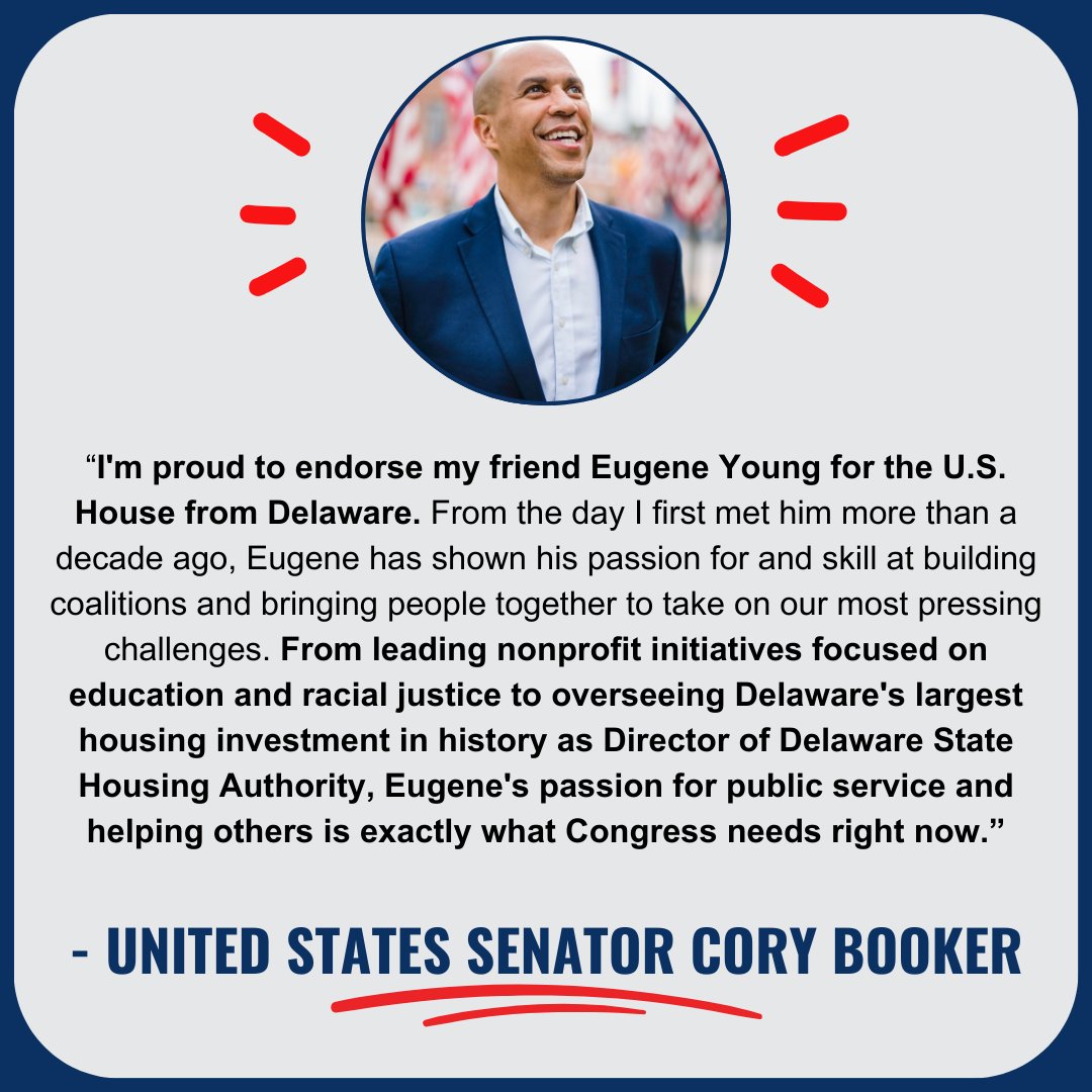 🚨 Major Endorsement! 🚨 

We are proud to announce the endorsement of U.S. Senator Cory Booker. Join our movement to #StandTallForDelaware.