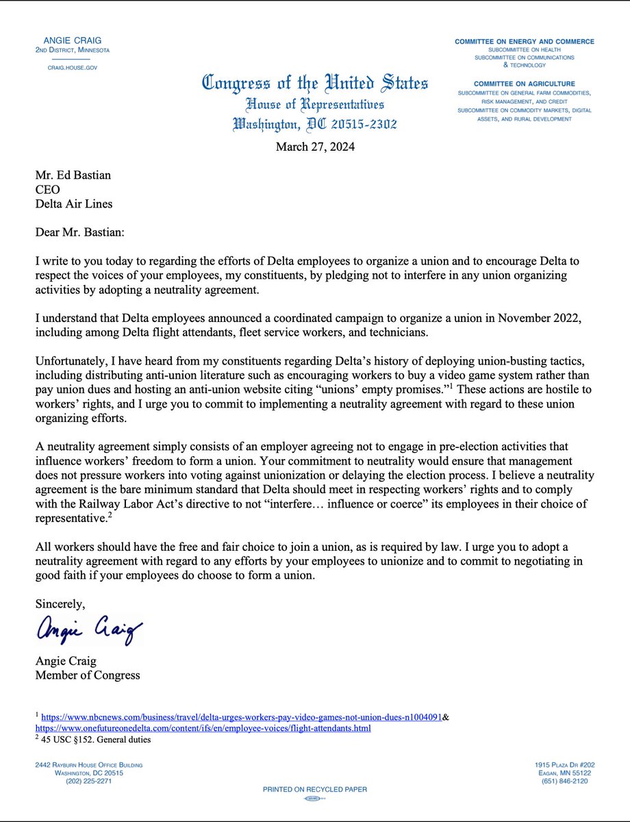 RepAngieCraig's tweet image. Today I joined the bipartisan call for Delta to stop anti-union behavior and respect the voices of their employees – including my constituents – by pledging not to interfere in any union organizing activities by adopting a neutrality agreement.

My full letter⬇️