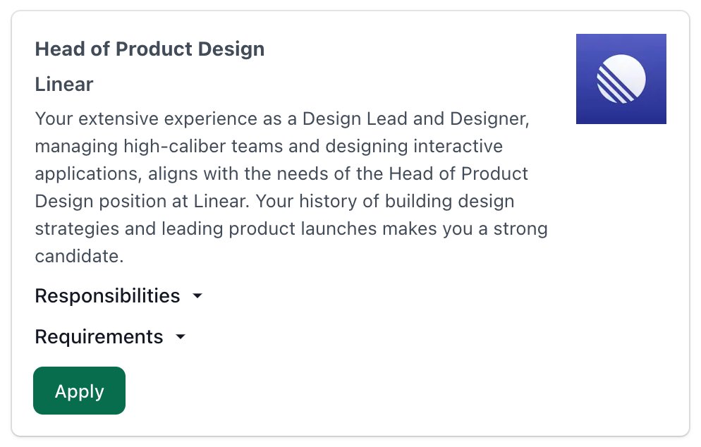 We found 226 Prospect-rated companies and 7421 roles matching your filters. The top 7 matches for your resume are shown below... <a href="/karrisaarinen/">Karri Saarinen</a> you still hiring a head of design? ;)