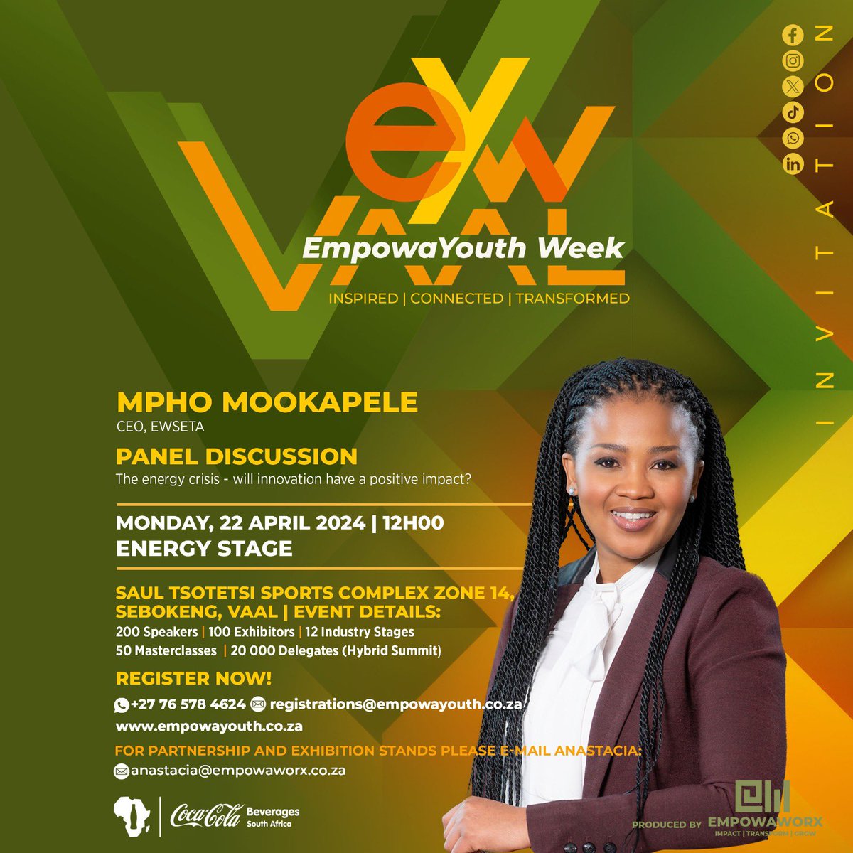 🔋 Excited to announce Ms. Mpho Mookapele, CEO of EWSETA, as a panelist on the Energy Stage! Join us as we explore how innovation can drive positive change in addressing the energy crisis. Don't miss this opportunity to be part of the conversation! 🌟🌿