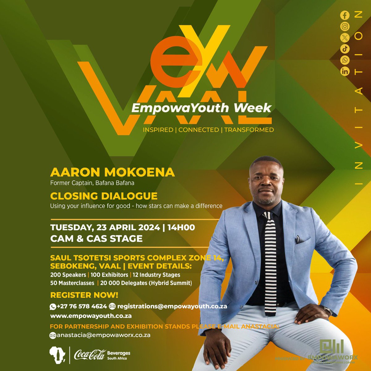 Ready to be inspired? Join us as we welcome Aaron Mokoena, Former Bafana Bafana Captain! Coach Mokoena will delve into the importance of using your platform for good and how influential figures can truly make a difference. Let's ignite change together! 🔥💫