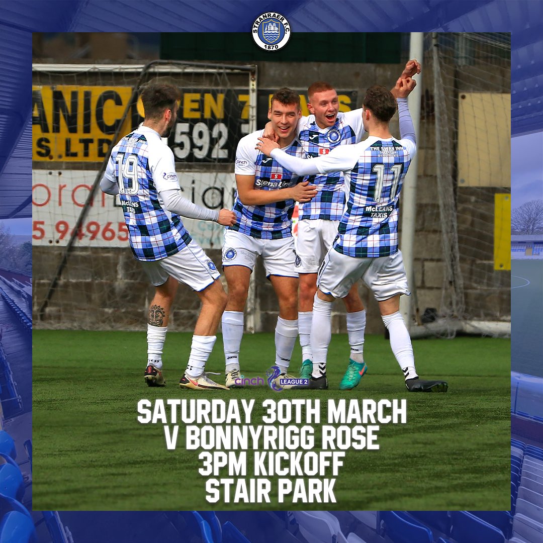🔜 …
🗓️ Saturday 30th March
🆚 <a href="/BonnyriggRose/">Bonnyrigg Rose</a> 
🏆 #cinchL2
⏰ 3pm
🏟️ Stair Park

🎟️ Pay at the gate
💷 Adult £15
💷 Concession £10
👶🏻 Youth £5

🍻 Pavilion Bar open @ 1pm!

🛖 SFC Merchandise on sale!

#MONBLU 💙