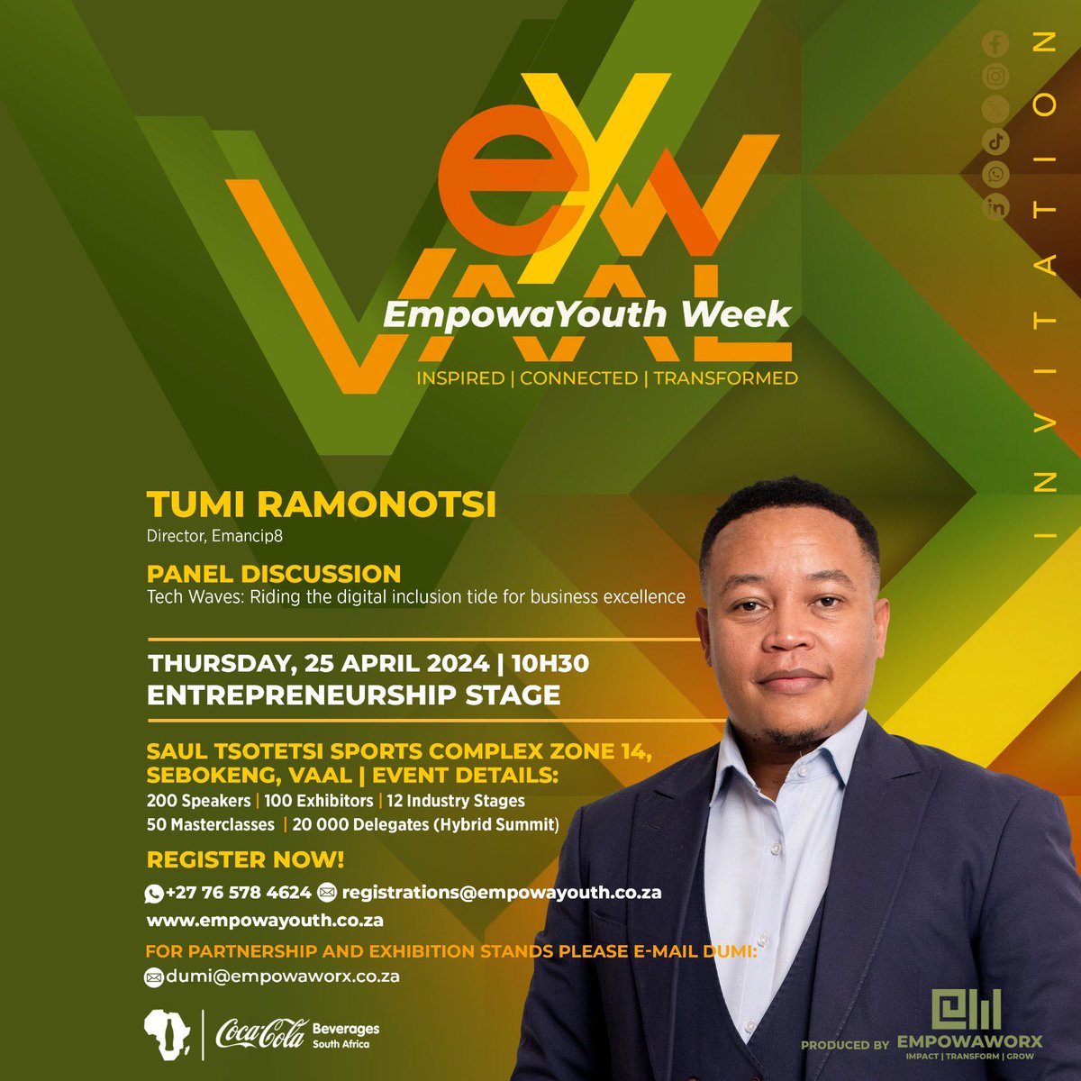 🌊 Dive into the world of technology and entrepreneurship with Tumi Ramonotsi, Director of Emancip8! Join us for an electrifying panel discussion on Tech Waves: Navigating the Digital Inclusion Tide for Business Success!