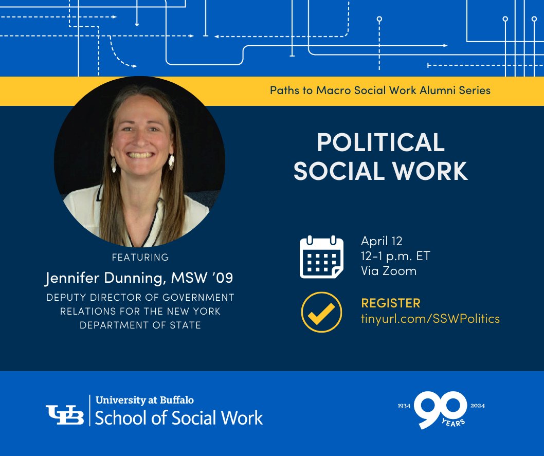 Our next Paths to Macro Social Work Alumni Series features Jennifer Dunning, MSW ’09, deputy director of government relations for the NY Department of State. Join us on Apr 12 from 12-1 p.m. via Zoom: tinyurl.com/SSWPolitics #MacroSW #MacroSocialWork #SocialWork #UBuffalo #UBSSW