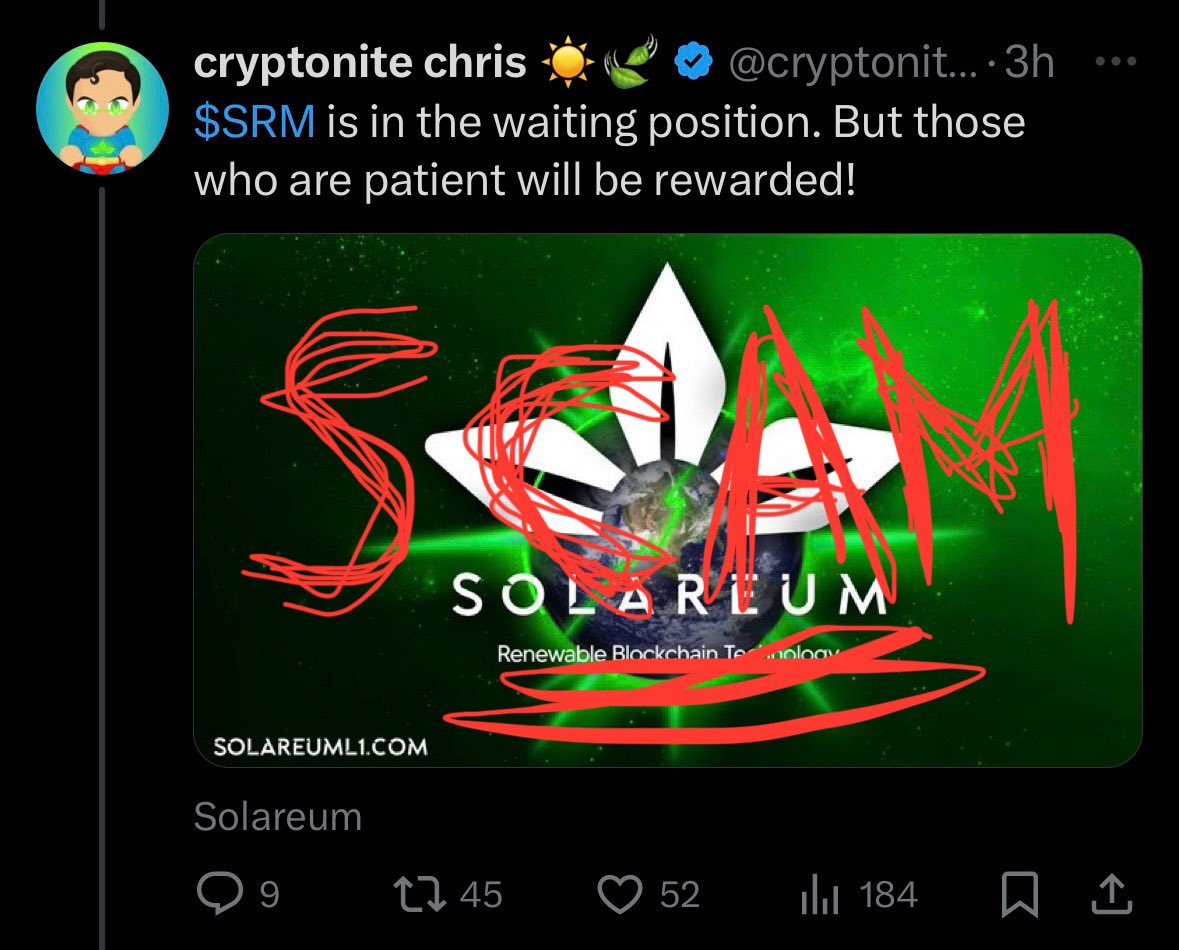 cryptocrunj's tweet image. Beware of this guy. One of the top scammers. He’s next on my list. The only ones rewarded are you and the influencers that are being paid free $SRM on a weekly basis!! Check the ETHERSCAN!! 🚩🚩🚩🚩🚩