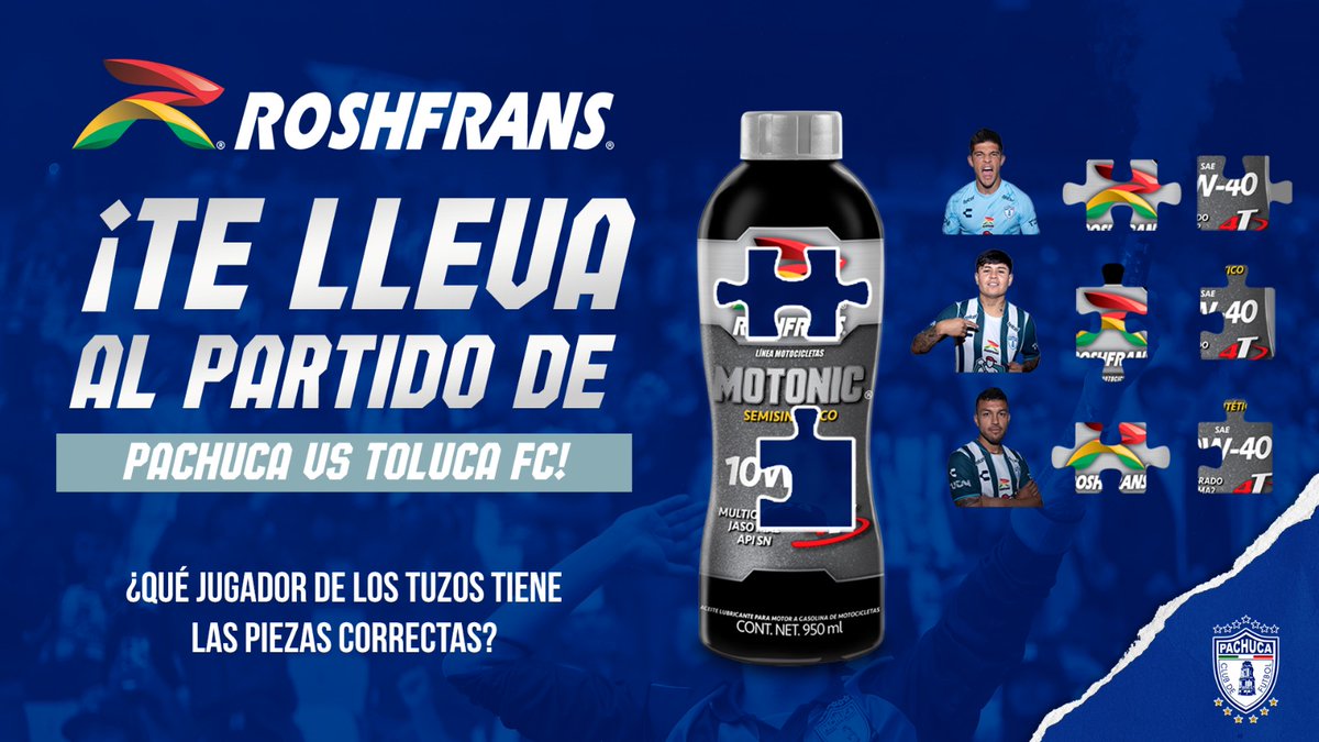Tuzos's tweet photo. ¡Tenemos 3 kits: 🎟️ dobles + 👕 jersey autografiado!

1️⃣Dale ❤️, RT y sigue a @RoshfransMX 
2️⃣Comenta la respuesta correcta
3️⃣Usa #ElExpertoEnAceitesMultigrado y #PachucaSomosTodos 

¡Un jurado elegirá a los GANADORES! 🥳🎉
TyC: https://t.co/4ydByjyZVn https://t.co/7aNF76GLfR