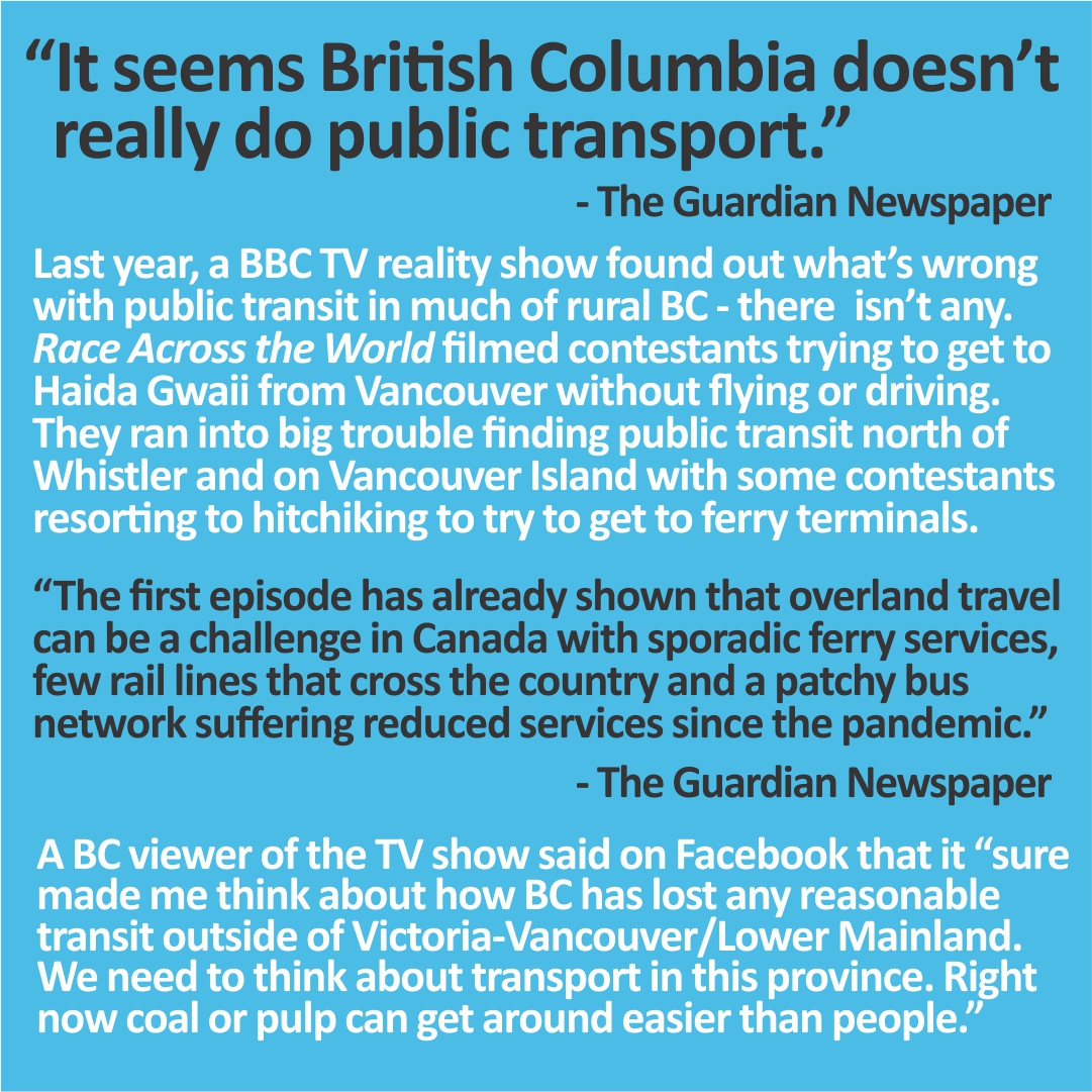 BCWideBus's tweet photo. Beautiful BC  - if you can get there!  People who live in rural and remote BC already know how inadequate the patchwork of mostly private transit operators is. Thanks to a BBC TV show, even more people know. That was a year ago - no change yet! #transitisaright #bcpoli https://t.co/itNJTU8DEA