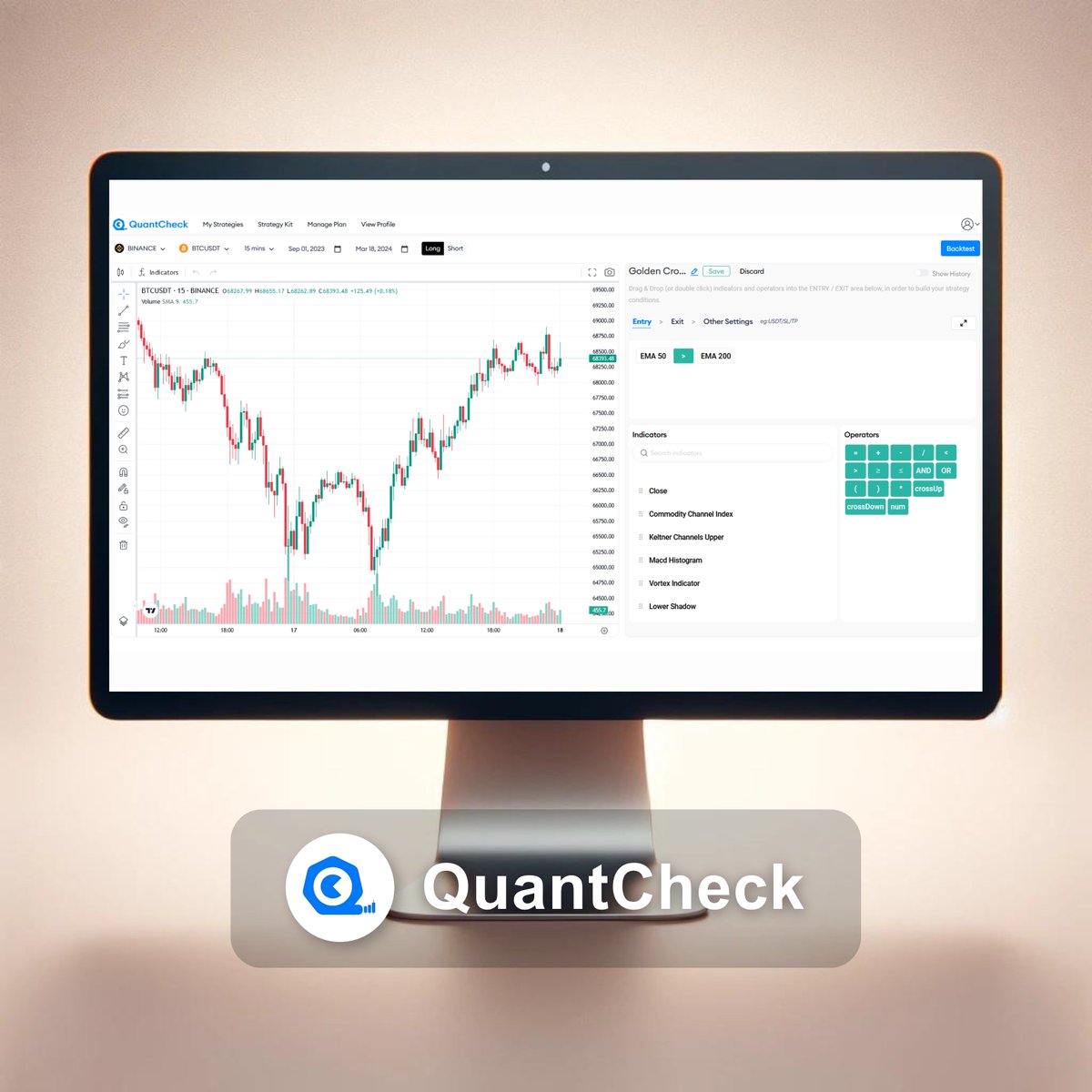 Quantcheck's tweet image. QuantCheck's Simple Backtesting feature offers a user-friendly drag-and-drop interface, making it accessible to traders of all levels. Test your strategies with ease and gain insights into their performance before risking real capital.

#TradingTools #CryptoStrategies