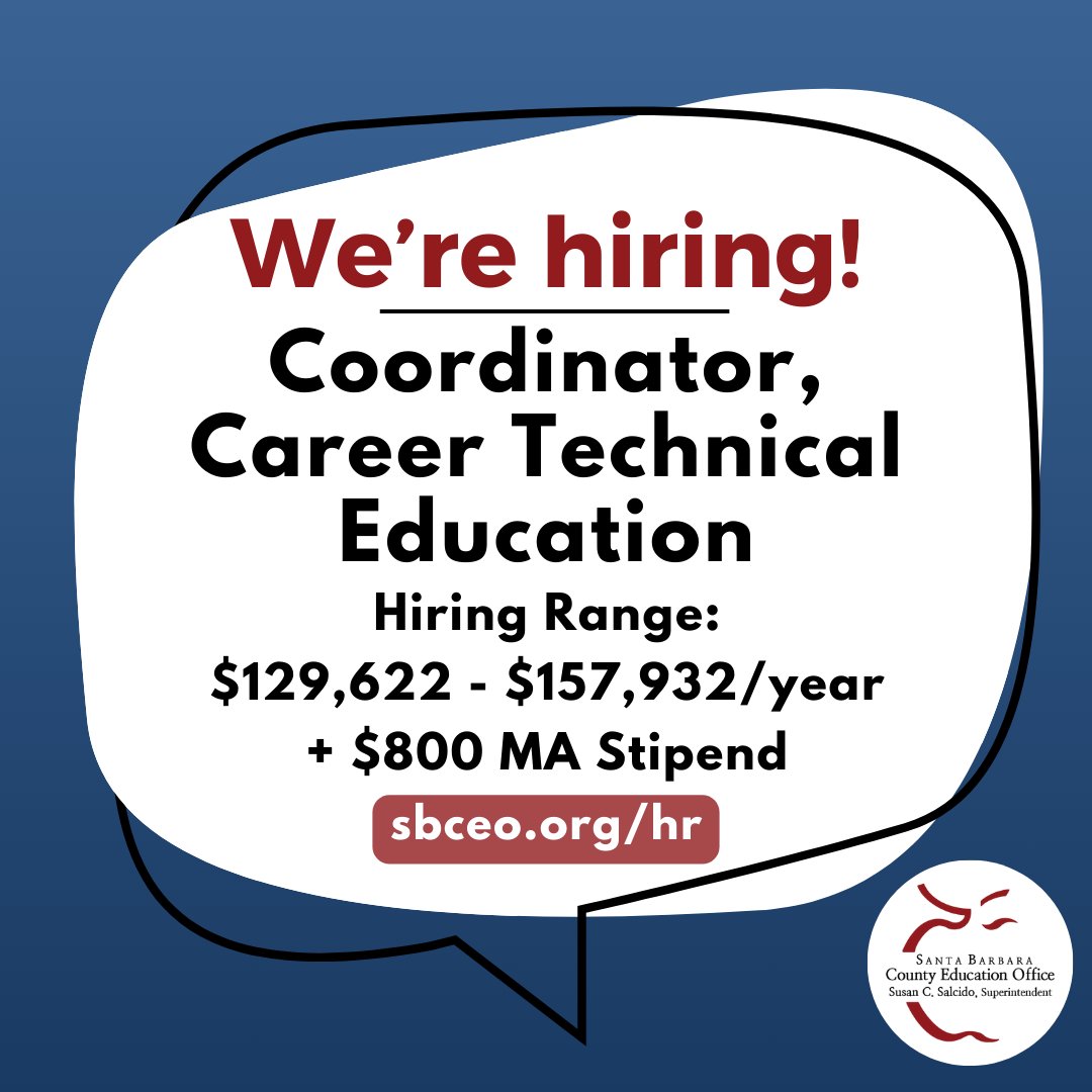 SBCEO is looking for a Coordinator, Career Technical Education to support our schools with one of the fastest growing fields in education. Deadline: Monday, April 8 Hiring range: $129,622 - $157,932/year + $800 MA Stipend Learn more & apply: sbceo.org/hr