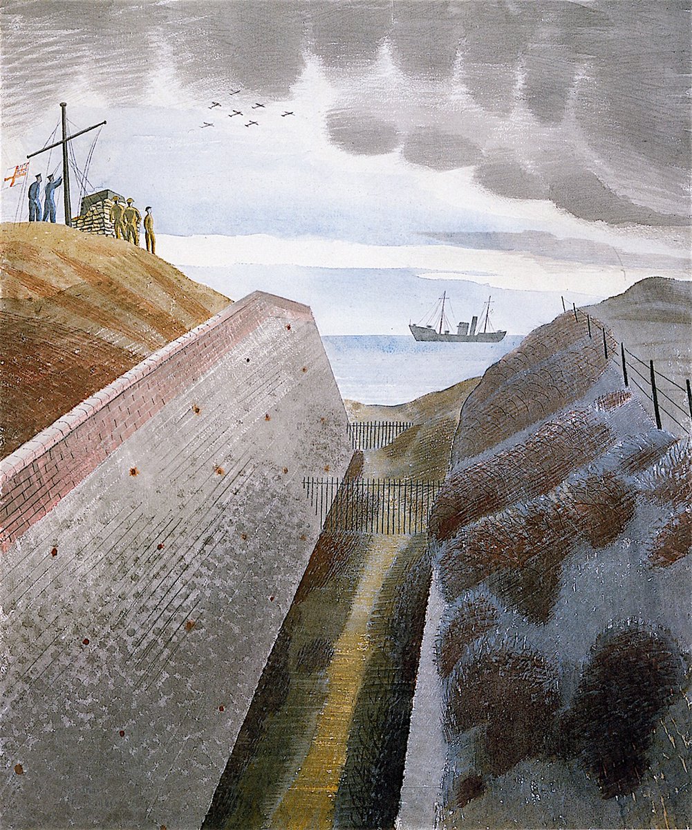 Coastal Defences, Eric Ravilious, 1940. It depicts the old moat at Newhaven Fort in East #Sussex in the early years of #WW2. The original artwork is in the collection of @I_W_M.