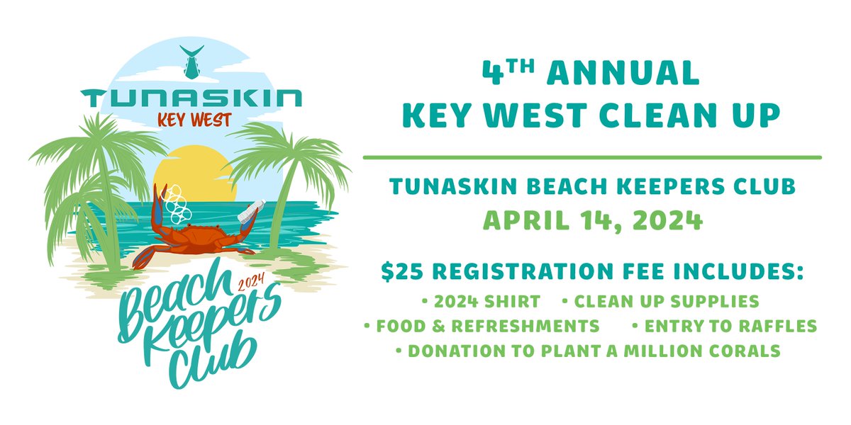 Attention Key West  📍🌴 Tunaskin's Island Clean Up is happening Sunday, April 14th and will benefit Plant a Million Corals Foundation!  Registration is $25 and also includes all clean up supplies, our 2024 shirt, food afterwards and entry to raffle items!
tunaskin.co/pages/beach-ke…