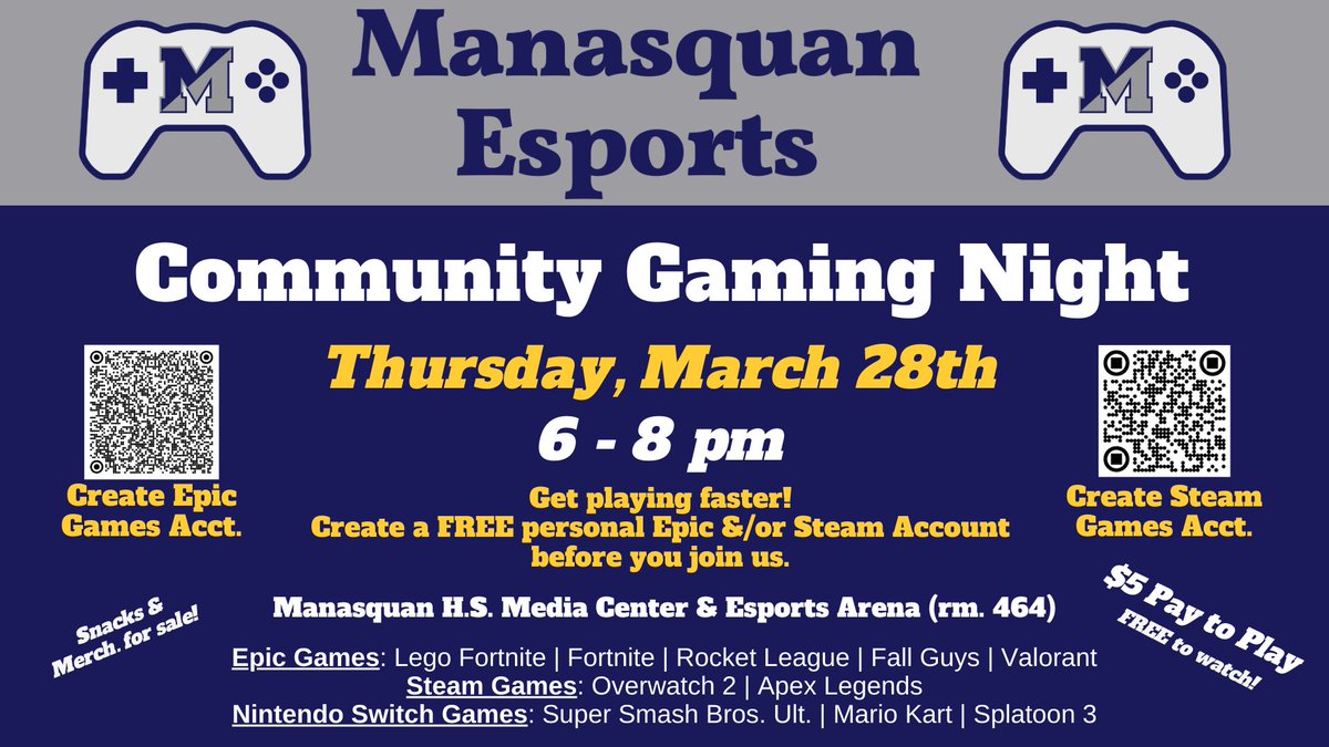 SquanHS_iLab's tweet image. Manasquan HS Esports is hosting a Community Gaming Night fundraiser, Thurs, March 28th, 6-8pm. $5 Pay to Play; Free to Watch! Lots of games to play. Merchandise &amp;amp; snacks for sale. Bring your family &amp;amp; friends, explore the Esports Arena, &amp;amp; have some fun!