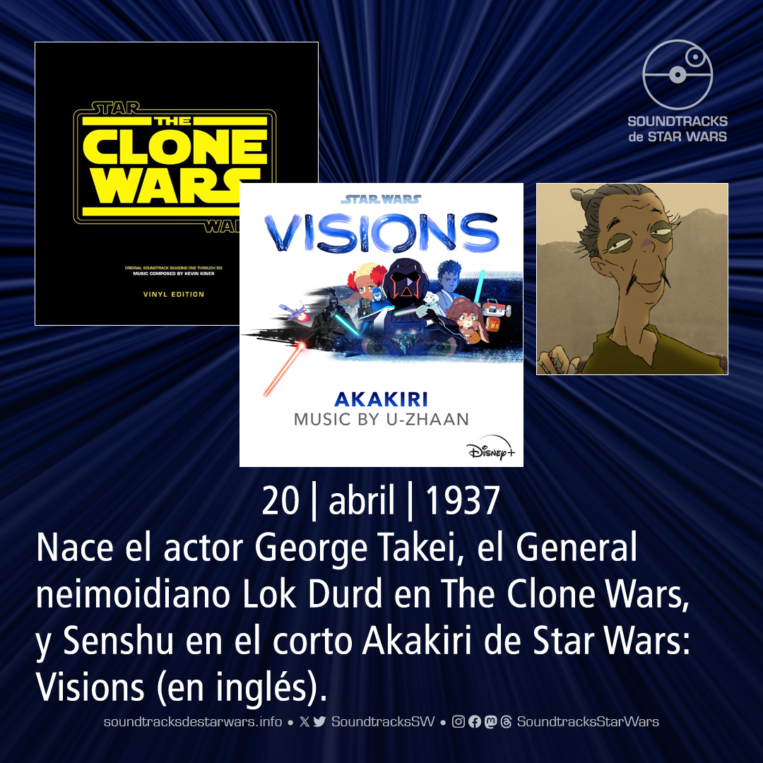 El 20 de abril de 1937 nace el actor #GeorgeTakei, #LokDurd en The Clone Wars, y #Senshu en Akakiri de #StarWars: Visions (en inglés). On April 20, 1937, actor George Takei, Lok Durd in The Clone Wars, and Senshu in Akakiri from Star Wars: Visions (English version), was born.
