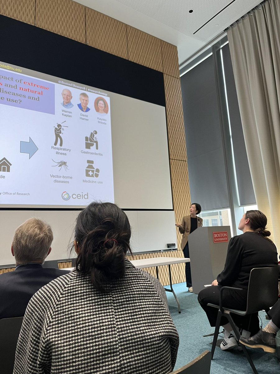 CEID Climate Change & One Health core co-lead Dr. @KayokoShioda speaking @BostonUResearch Research on Tap: Climate Change and Infectious Diseases about her work modeling pathogen transmission from chickens as livestock in Mozambique.