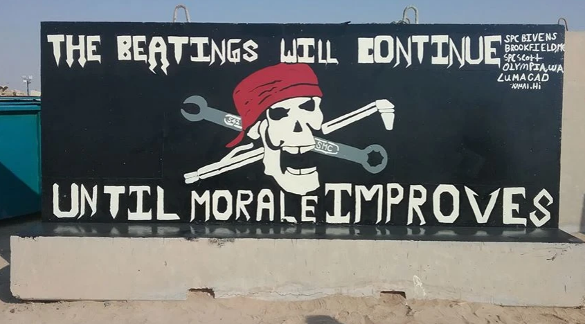 WarMurals's tweet photo. Blast wall art at Camp Buehring 2017 by the 542nd SMC
'The beating will continue until morale improves.'
#usarmy #usarmyhistory #usawtfm https://t.co/kdYXcOKKO5