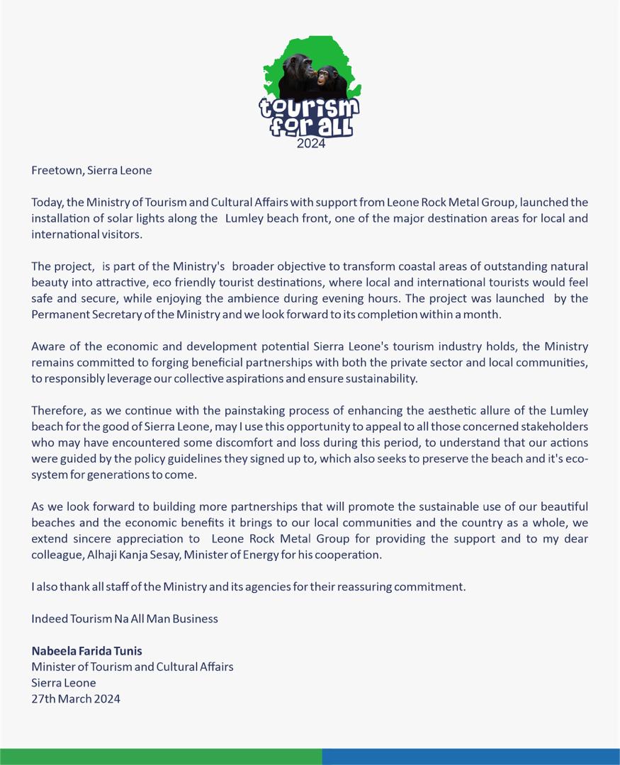 Mtcasierraleone's tweet photo. MESSAGE FROM THE MINISTER OF TOURISM AND CULTURAL AFFAIRS, @NabeelaTunis ON THE LAUNCH OF THE INSTALLATION OF SOLAR LIGHTS ALONG LUMLEY BEACH FRONTS
@SaloneBigPassWiAll
@PresidentBio
@MoiceComm
@touristboardsl
@MetalLeone
#Tourism4All
#tɔrizmnaɔlmanbiznɛss
#explorefreedom https://t.co/CY5a0kEYCV