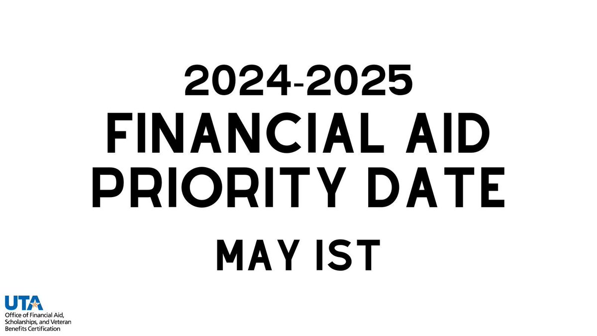UTAFAO's tweet photo. Important: the 2024-25 priority date for FAFSA & TASFA forms and the Blaze Forward Program is May 1, 2024.
#UTArlington #UTA #UTAStudents #UTAMavs #MavUp #FinancialAid #FAFSA #TASFA #BlazeForward #Scholarships https://t.co/A20JlS5hp7