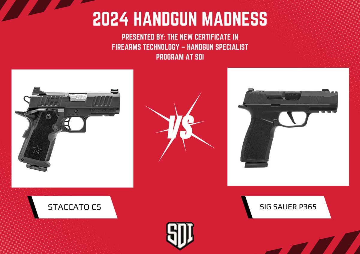 SDI_school's tweet photo. Staccato CS vs Sig Sauer P365...Your vote decides the victor! 🔫
-
This year's Handgun Madness has been presented by SDI's Certificate in Firearms Technology - Handgun Specialist program. https://t.co/IBySdWe53b
-
#WhyISDI
-
Disclaimer: No firearms in this image are for sale. https://t.co/XowQWMHzrr