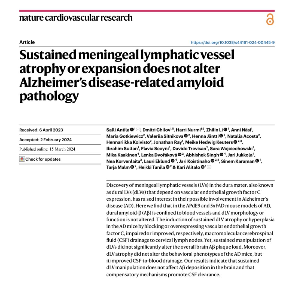 Are meningeal lymphatics important in #Alzheimer? 🧠 Excited to share our new story out @NatureCVR 👉 rdcu.be/dBkoT Contrary to previous results, we show that manipulation of meningeal lymphatic vessels does not alter Alzheimer’s disease-related amyloid pathology /1