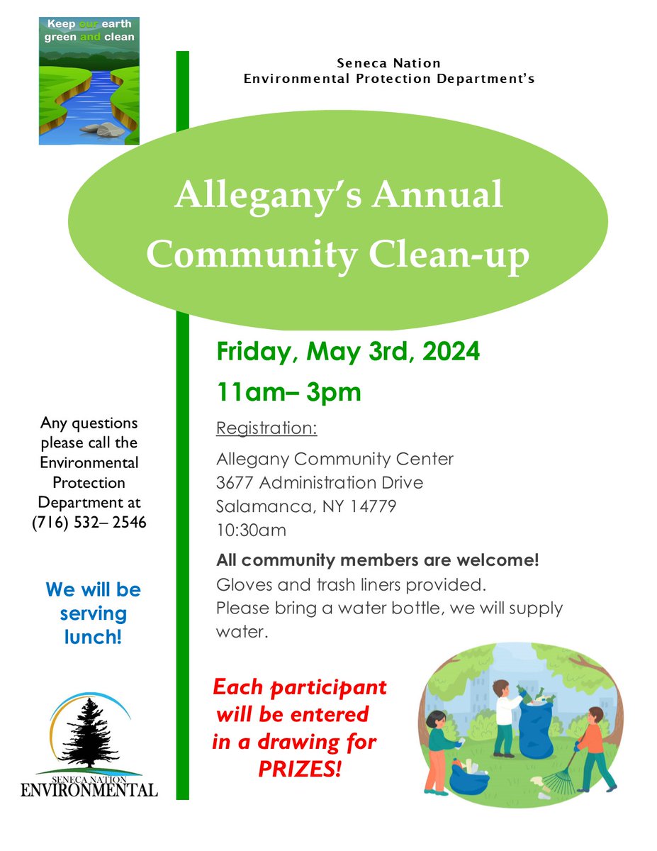 SNEnvironmental's tweet photo. Get ready for Allegany's Annual Community Clean-up on Friday, May 3.

All are welcome! Any questions please call the Environmental Protection Department at  (716) 532– 2546. https://t.co/Mnkc1HM0HW