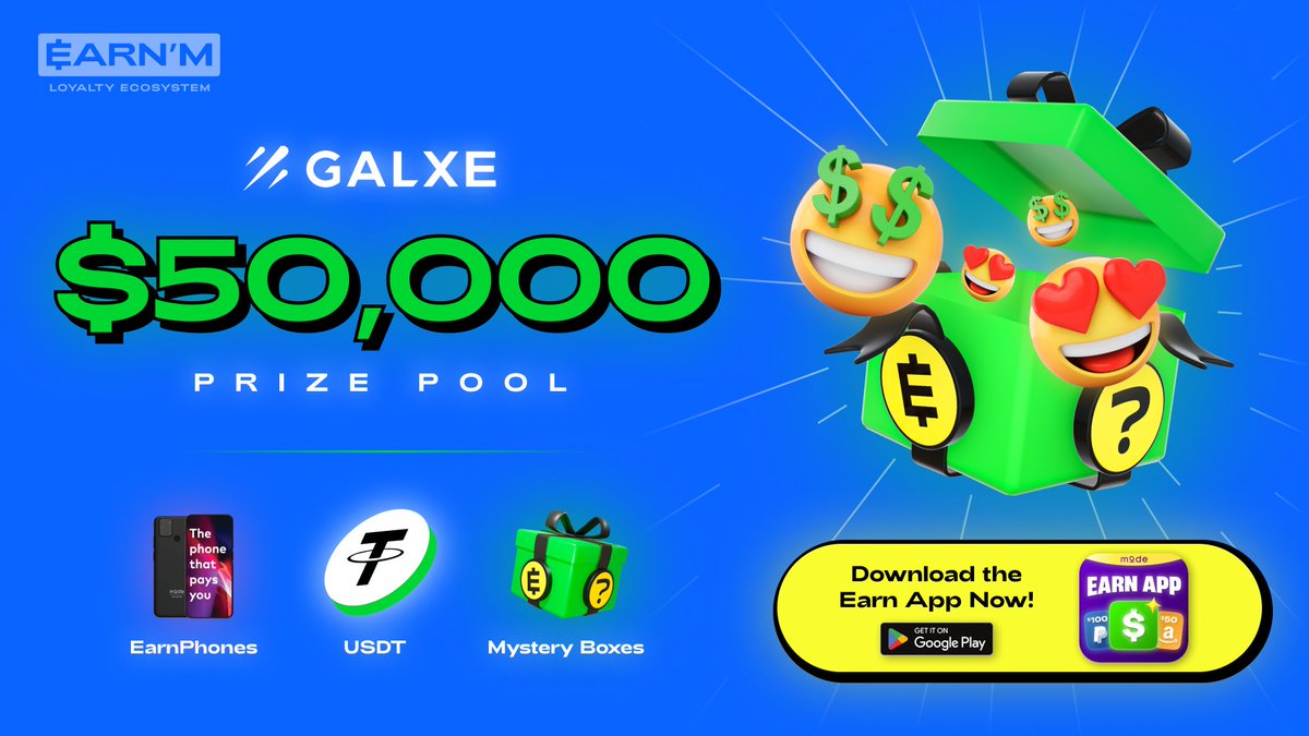 Dive into the $EARNM $50,000 @GalxeCampaigns Challenge now! 🏆 Prize Pool 💵$2,365 $USDT 📱$3,475 in EarnPhones 🎁$42,525 in Mystery Boxes Join the community to start completing quests and earning #rewards! Start your quest on @Galxe today 👉 galxe.com/earnm/campaign… #Crypto…