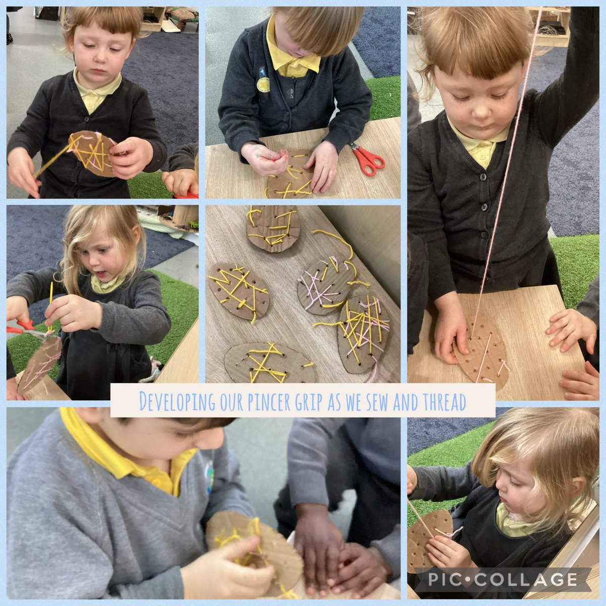 PINCER PRACTISE ✍🏼 
Strengthening our hand muscles and working on our pincer grips as we thread and snip🪡 #eyfs #physicaldevelopment #pincerpractise #movingandhandling #finemotor #fingergym @mesne_lea