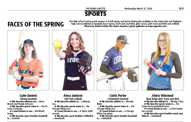 ngpreps's tweet photo. Area athletes Gabe Daniels from @athleticsurbana baseball, Alexa Jamison from @SaltFork_AD softball, Curtis Porter from @CHAR_GERS baseball and Alexis Winstead from Blue Ridge girls' track and field are in today's @news_gazette for our Faces of the Spring series https://t.co/fUpY5ElLK2