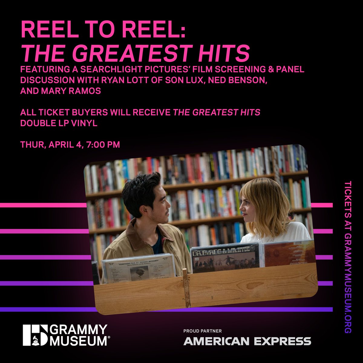 The @GRAMMYMuseum is thrilled to host a special screening of Searchlight Picture's The Greatest Hits on April 4. Don't miss out on this exclusive events! All ticket buyers will receive a Greatest Hits Double LP Vinyl. 🎟️ Tickets at bit.ly/reeltoreel24