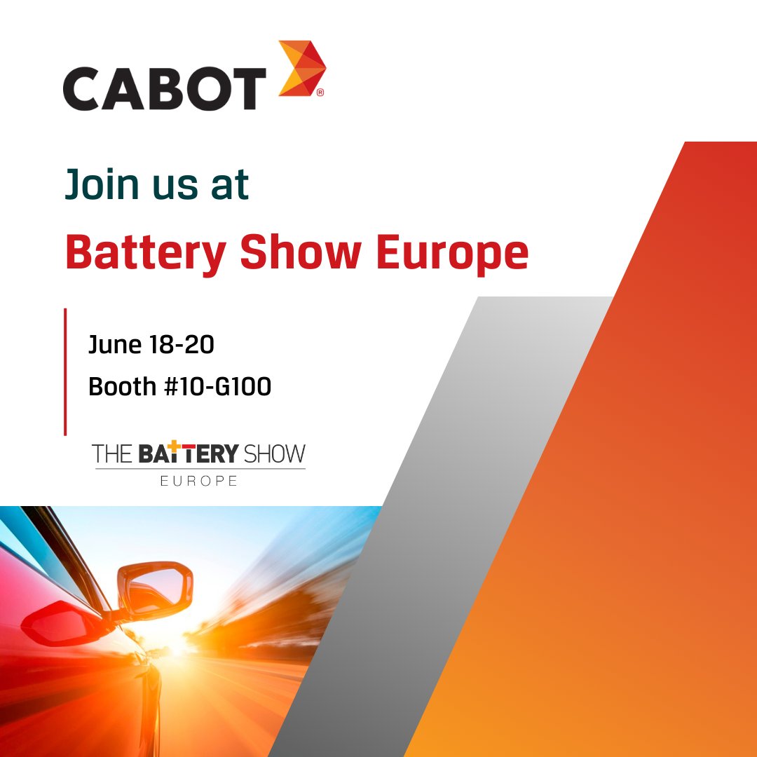 Join us at the @BatteryShow_EU 2024 in Stuttgart, Germany from June 18-20. Visit our team at booth #10-G100 in hall 10 to learn about our conductive additives for battery applications. Learn more: cabot.co/3USOnfo #BatteryShowEurope #BatteryMaterials