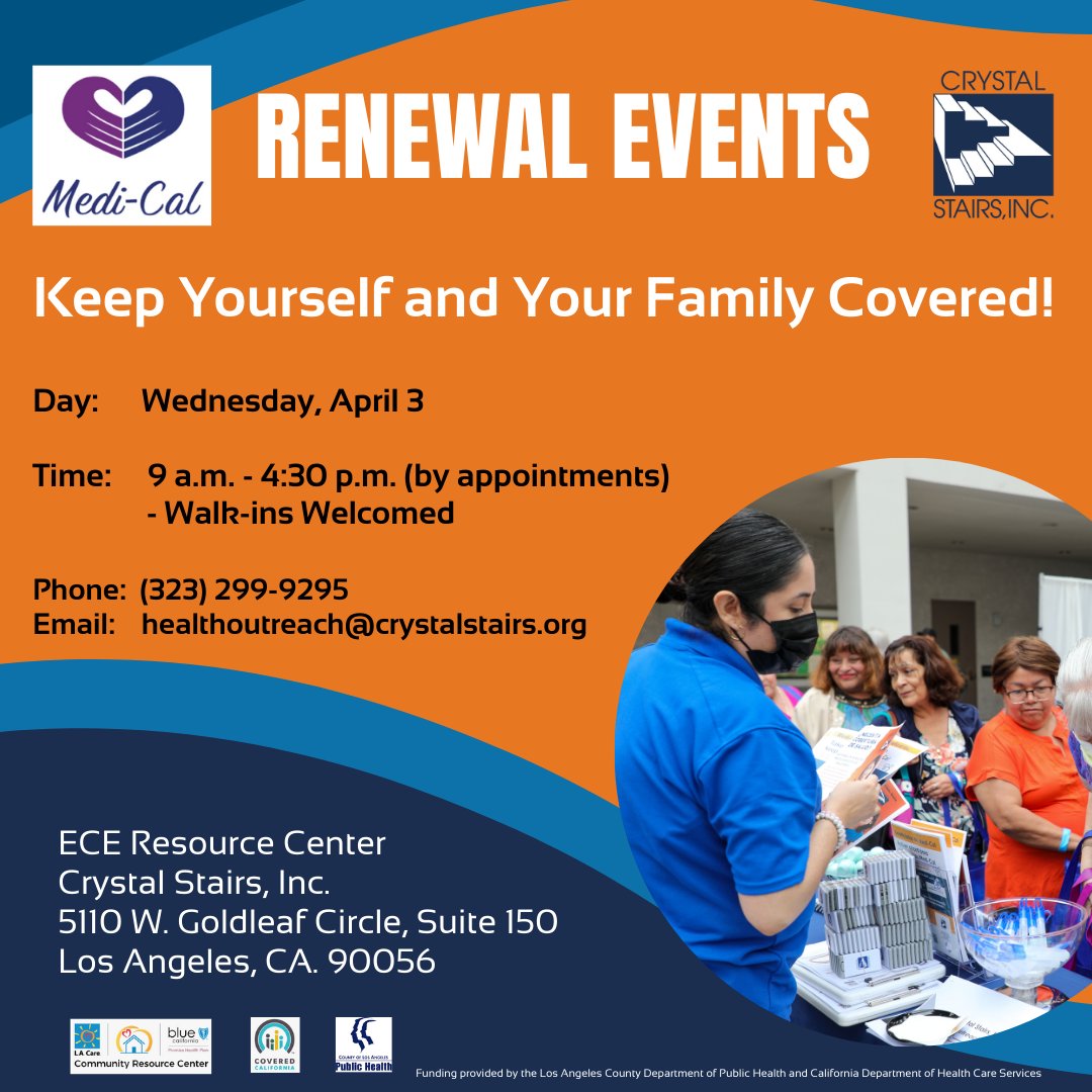 Our Crystal Stairs, Inc. Health Outreach team is available to you to assist you with your health insurance renewal or enrollment! 

Please visit us on April 3, 2024, and allow us to guide you through the process of getting your family re-enrolled or insured.