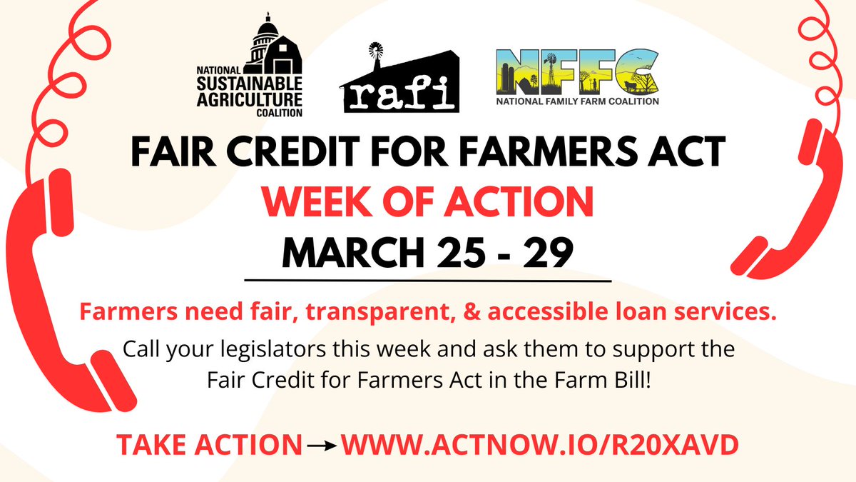 This week, we’re taking action on the #FairCreditForFarmersAct to hold the FSA accountable to the farmers it serves. Call your members of Congress right now - don’t worry, we’ll walk you through it at 👉actnow.io/R20xAvD