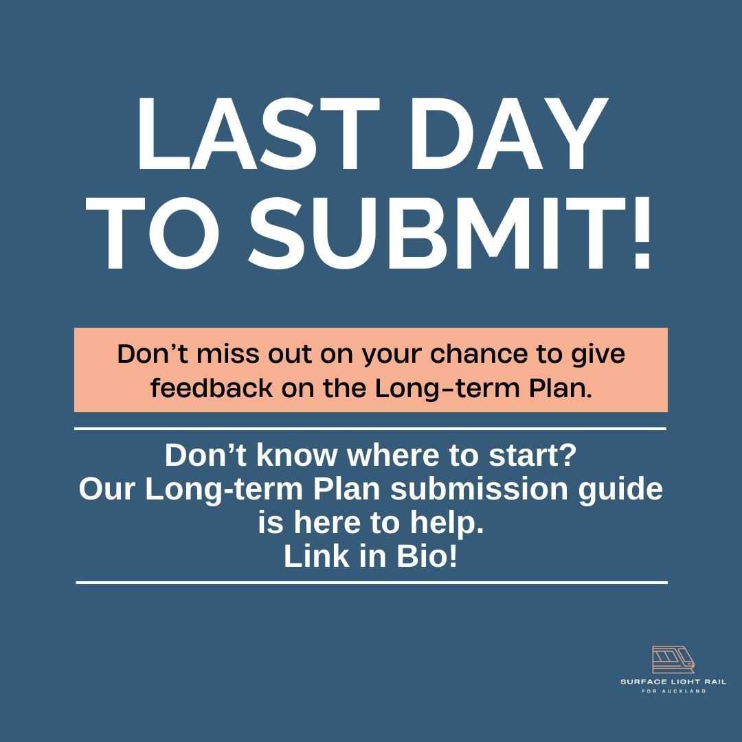 SLR_AKL's tweet photo. Today is the last day to submit feedback on Auckland Council's Long-term plan! Use our guide to ensure that Surface Light Rail is included in those plans, so we can have a better connected Auckland!

Link below!
https://t.co/nZSpeYgGe8 
.
.
#PublicTransport #SurfaceLightRail https://t.co/M62ALgFXcm