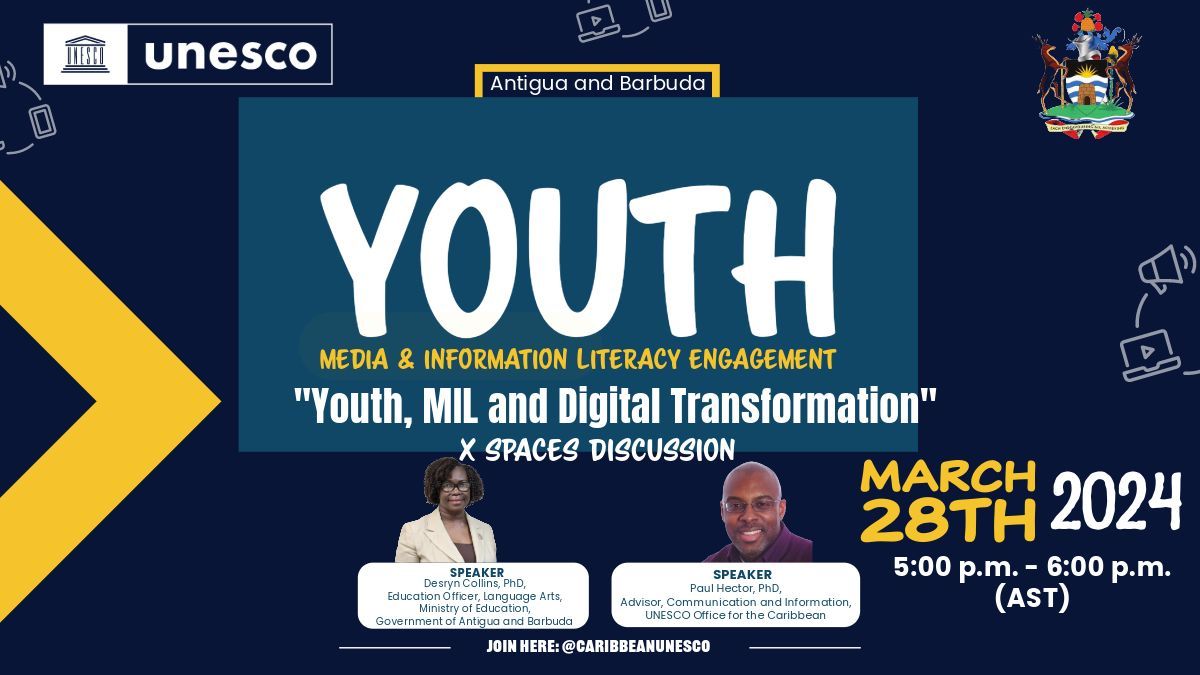 Join us tomorrow on X spaces for a live chat with UNESCO and the Government of Antigua and Barbuda! We’ll discuss Youth, MIL, and Digital Transformation. 

buff.ly/4atqC46 

Get your questions ready! #LiveChat #DigitalTransformation