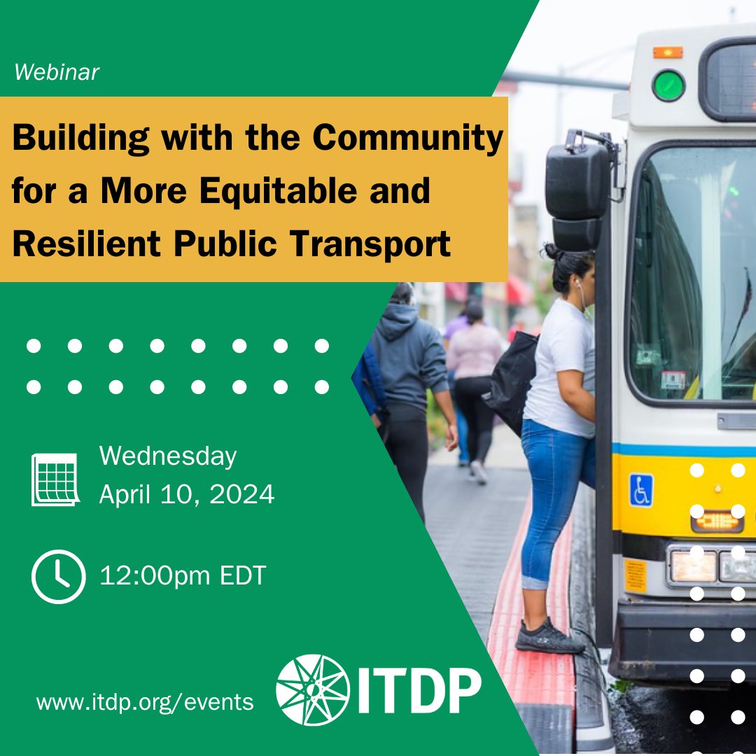 ITDP_HQ's tweet image. 🚍 Learn how community engagement can lead to more equitable and resilient #transportation systems. Join us Wednesday, April 10th at 12pm EDT for a webinar on reshaping public transport in #Boston!

Register now: bit.ly/3TTcmMH #ITDPYearoftheBus #busrapidtransit #BRT