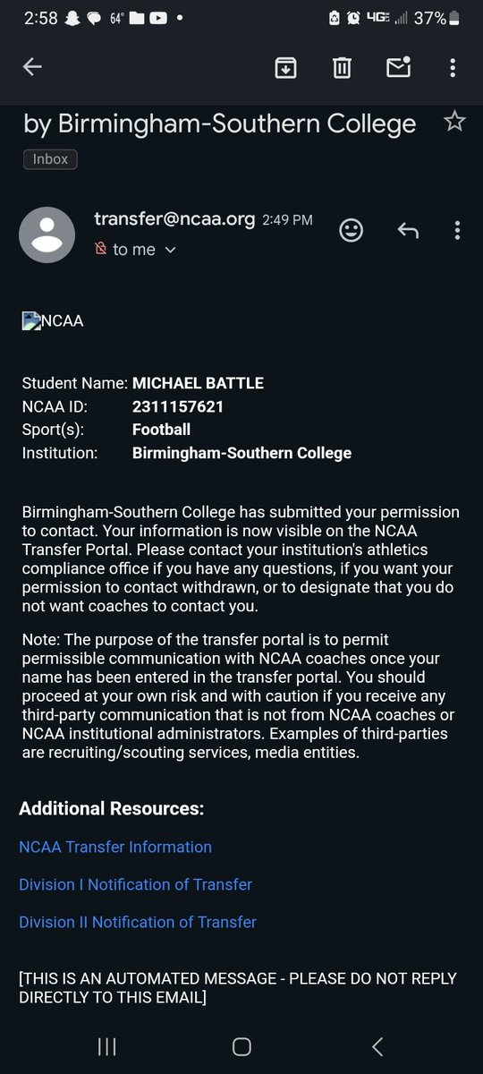 Battlemike12's tweet photo. With the unfortunate news regarding Birmingham southern college I am now officially in the transfer portal. https://t.co/9MtCT4aJVR