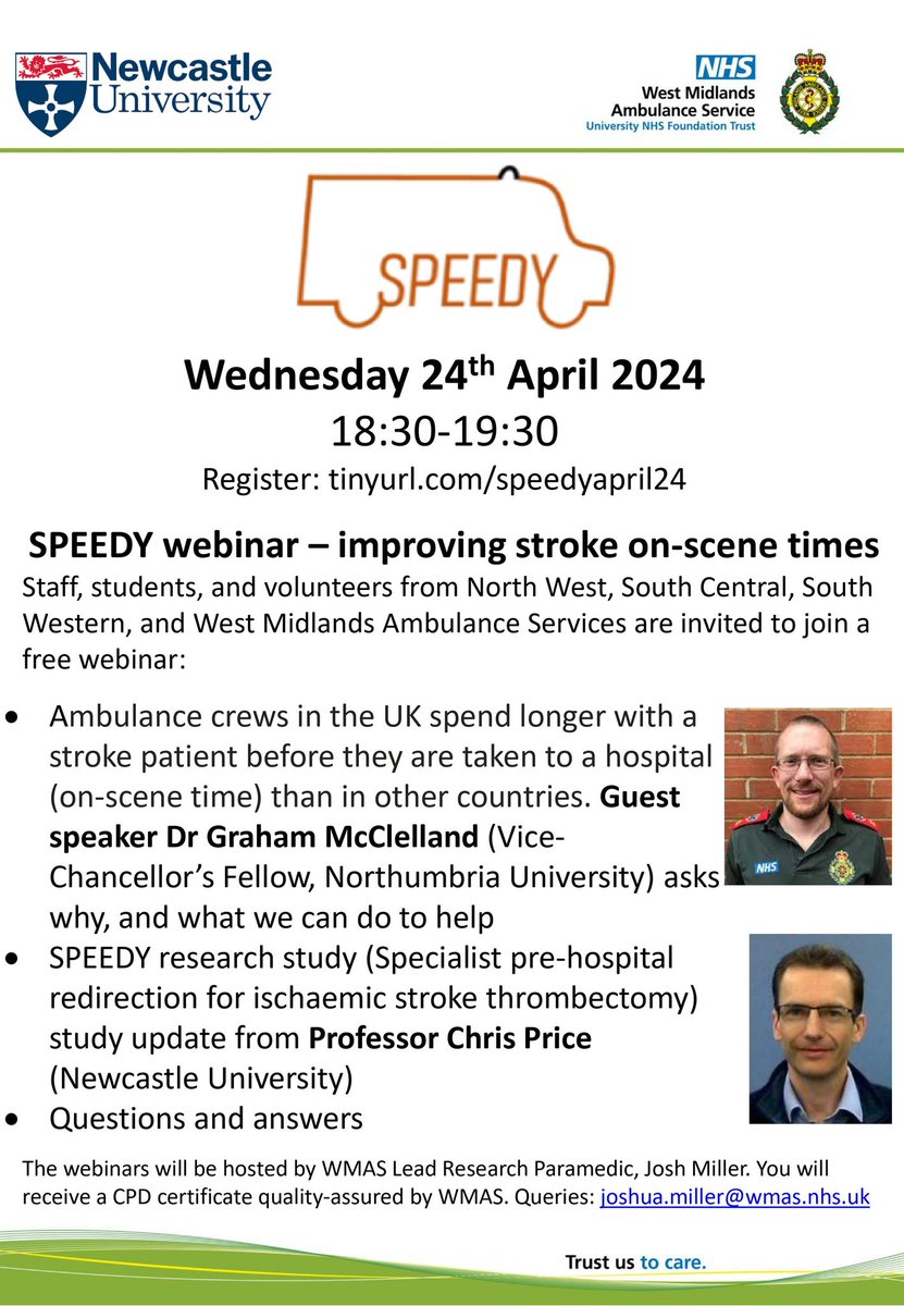 Time is brain, but UK 🚑 crews spend longer on scene before taking stroke patients to hospital than in other countries. Why? And what can we do to improve this? @mcclg is @Speedy_Trial special guest for: @OFFICIALWMAS @NWAmbulance @swasFT (NEW) @SCAS999 Tinyurl.com/speedyapril24