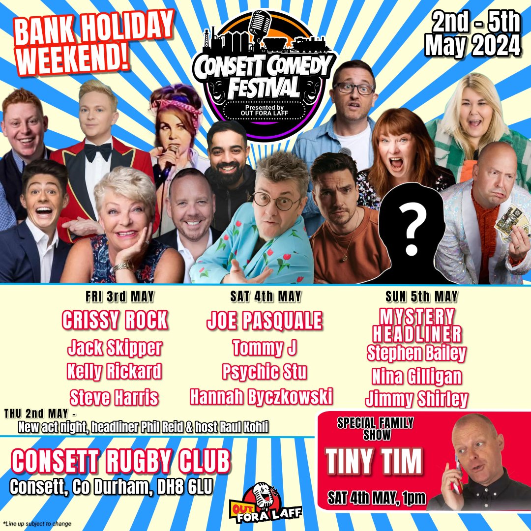 We really don't post on here enough! Here's this year's top draw line up! Catch all these this year! 

Grab tickets now at ConsettComedy.co.uk 

#comedy #consettcomedy #Consettcomedyfestival #Durham #consett