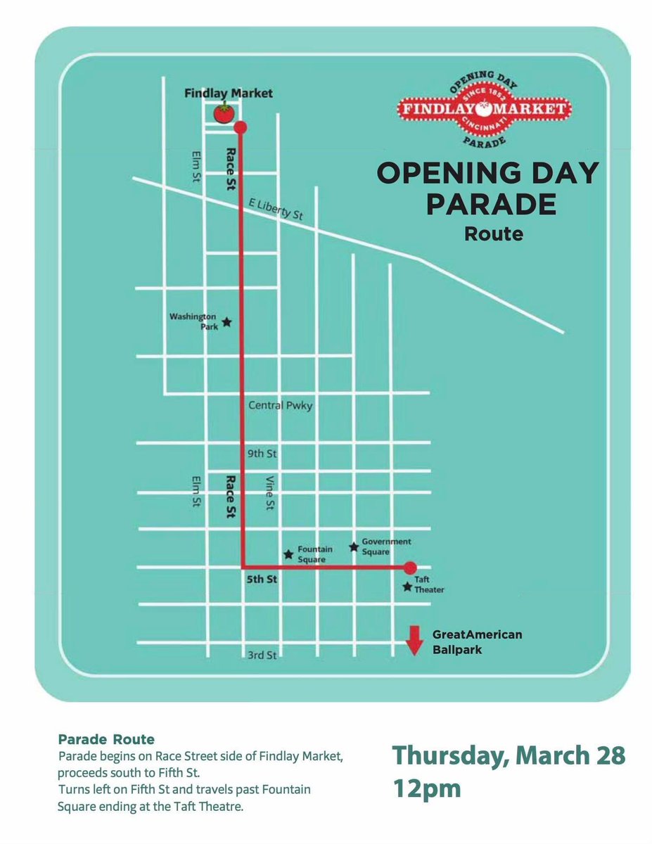 The <a href="/FindlayMarket/">Findlay Market</a> Opening Day Parade steps off at 12pm tomorrow from Findlay Market and proceeds down Race Street by <a href="/WashingtonPark/">Washington Park</a> and turns on Fifth Street where it passes <a href="/MyFountainSqr/">Fountain Square</a> and ends at <a href="/TaftTheatre/">TAFT THEATRE</a>! findlaymarketparade.com <a href="/Reds/">Cincinnati Reds</a>