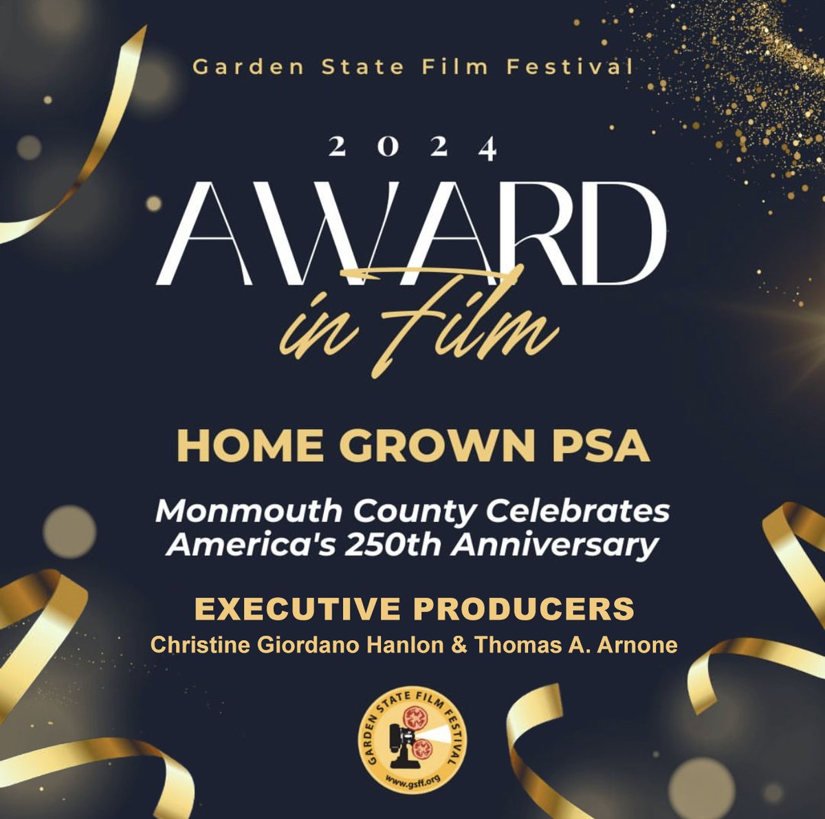 What an honor! 'Monmouth County Celebrates America's 250th Anniversary' won the Garden State Film Festival Award for Home Grown PSA. Clerk @ChristineHanlo1 & Commissioner Director @tom_arnone were Executive Producers. Watch at youtu.be/nUzrjlJDXyw #monmouthcounty 🏆🎬